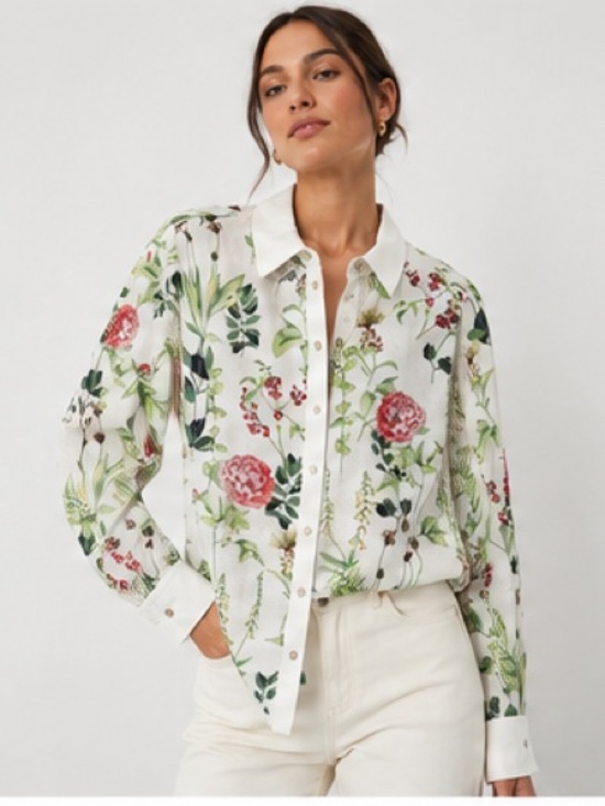 Tommy Hilfiger Tops - Tommy Hilfiger Floral Button-Down Shirt - White with Pink & Green Floral Print M